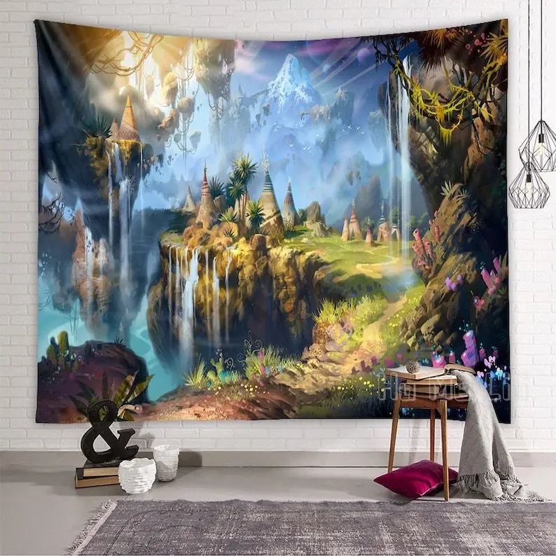 

Dreamy Forest Landscape Fantasy Tapestry Cartoon Castle Forest Tree Wall Hanging For Living Room Decor