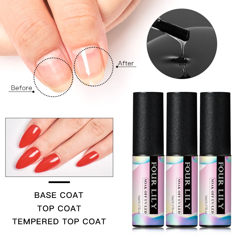 FOUR LILY Top Base Gel Polish Soak off Reinforce 5ml Long Lasting Nail Art Manicure Transfer Lacquer Varnish Primer | Красота и