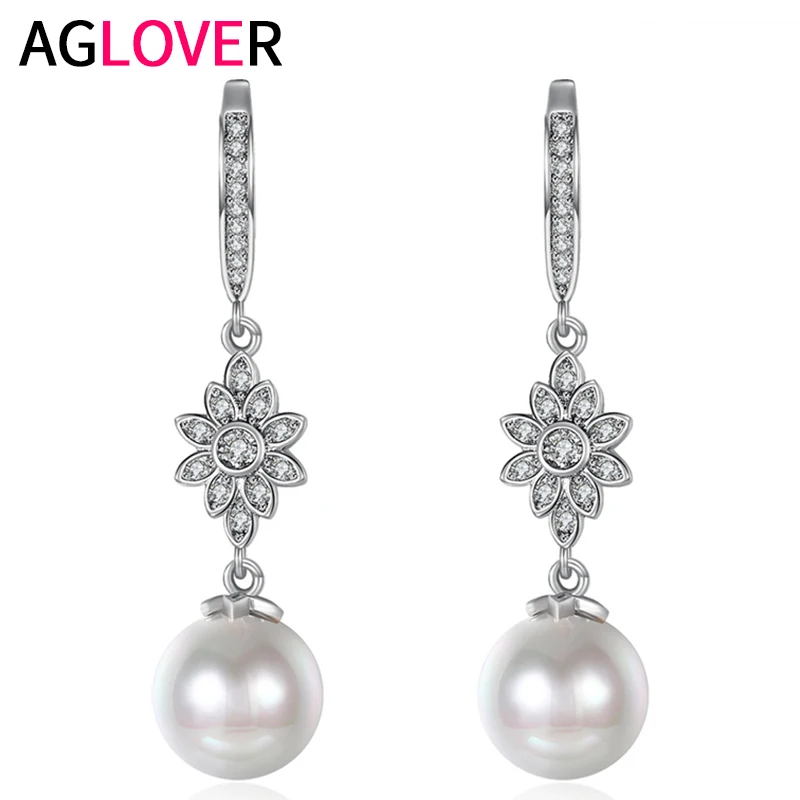 

AGLOVER 4.2cm Fashion S925 Sterling Silver Earrings Sun Flower Pearl Pendant For Charm Woman Wedding Jewelry Gift