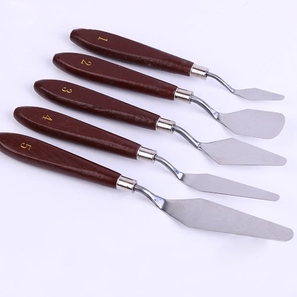 

5pcs Stainless Steel Wooden Handle Spatula Professional Artist Mixing Scraper Tools Paint Oil Painting Palette