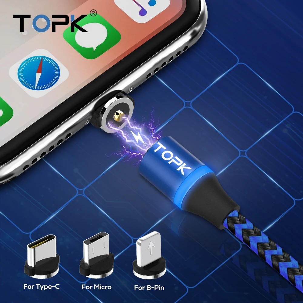 Магнитный usb кабель TOPK для быстрой зарядки iPhone Xs Max 8 7 Xiaomi huawei samsung Micro USB и type