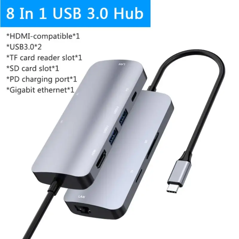 

7 In 1 USB-C Hub Dock Aluminum Alloy HD Dual USB 3.0 Port Adapter Multifunction PD USB C Slot SD & TF Card Reader Type C Hub