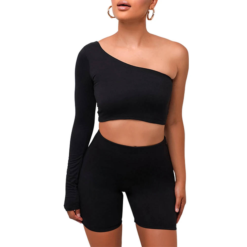 2020 Solid Asymmetrical Two Piece Sets Women Tracksuit Crop Tops+elastic Bike Shorts Sporty Matching Suits Casual Female Outfit women summer two pieces sets dress casual solid backless crop tops skirts suits set female night party club dresses tracksuit