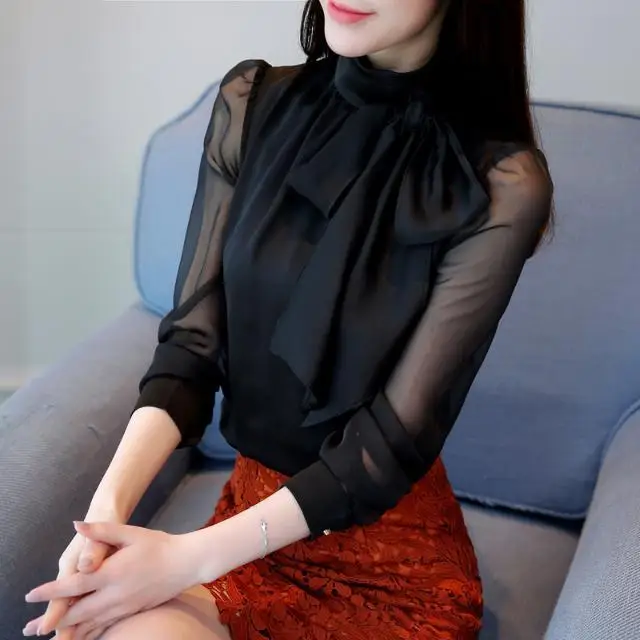 

Women 2021 Spring Autumn New Solid Color Bow Shirts Female Long Sleeves Chiffon Shirts Ladies Turtleneck Pullover Blouses Q302