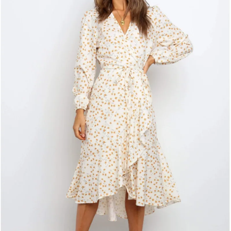 

Spring Casual Women Print Long Dress 2020 Fashion Vintage V-neck Lantern Sleeves Ruffles Dress