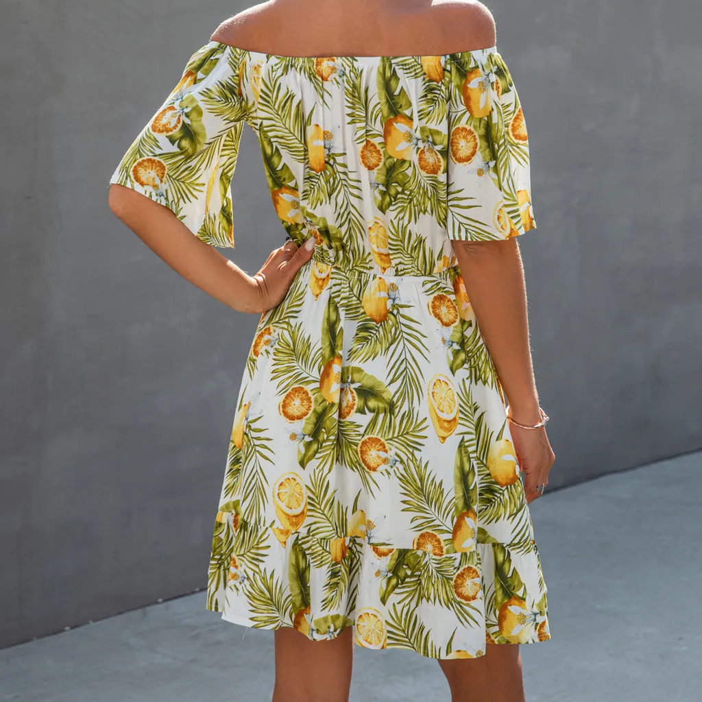 Women Fashion Fruit Lemon Floral Print Mini Dress Casual Sleeveless Dresses Ethnic Holiday Style Refreshing Stmosphere Dr | Женская