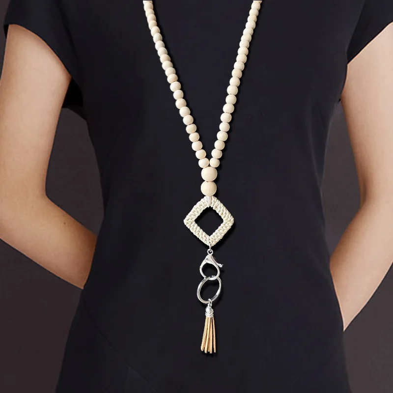 Wooden Beaded Chains Rattan Weaving Velvet Tassel Pendant Necklaces for Women