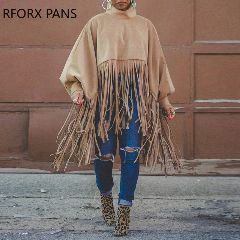 

Women Fashion High Neck Lantern Sleeve Tassel Design Top