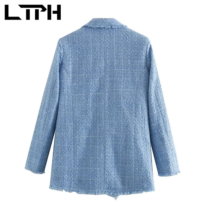 LTPH-Chaqueta de tweed suave para mujer, blazer elegante francés, doble botonadura, largo medio, vintage, para traje, primavera, 2021