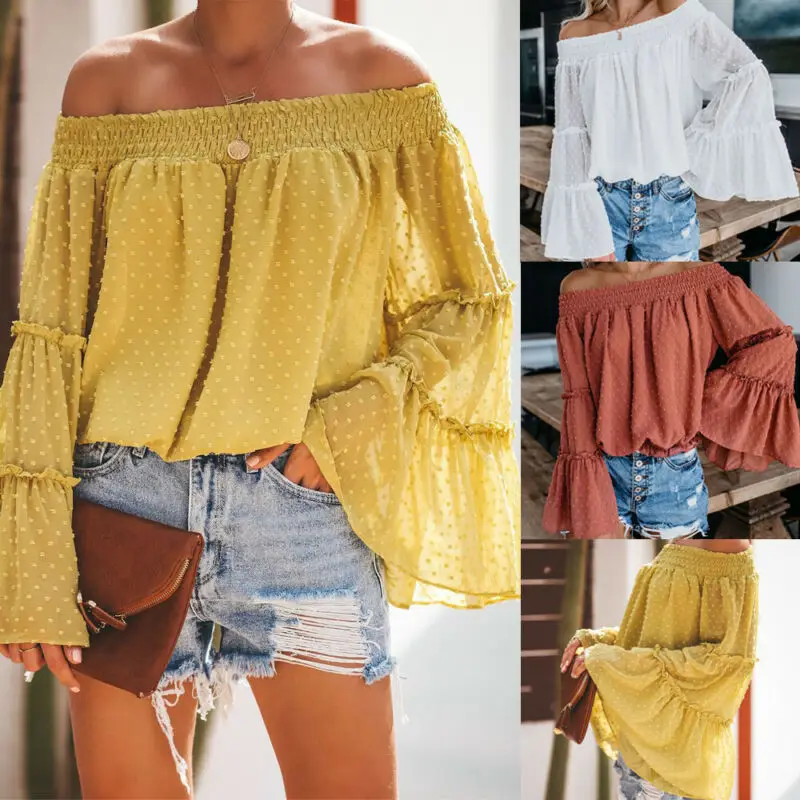 Женская шифоновая блузка с открытыми плечами рубашка рукавами-фонариками лето
