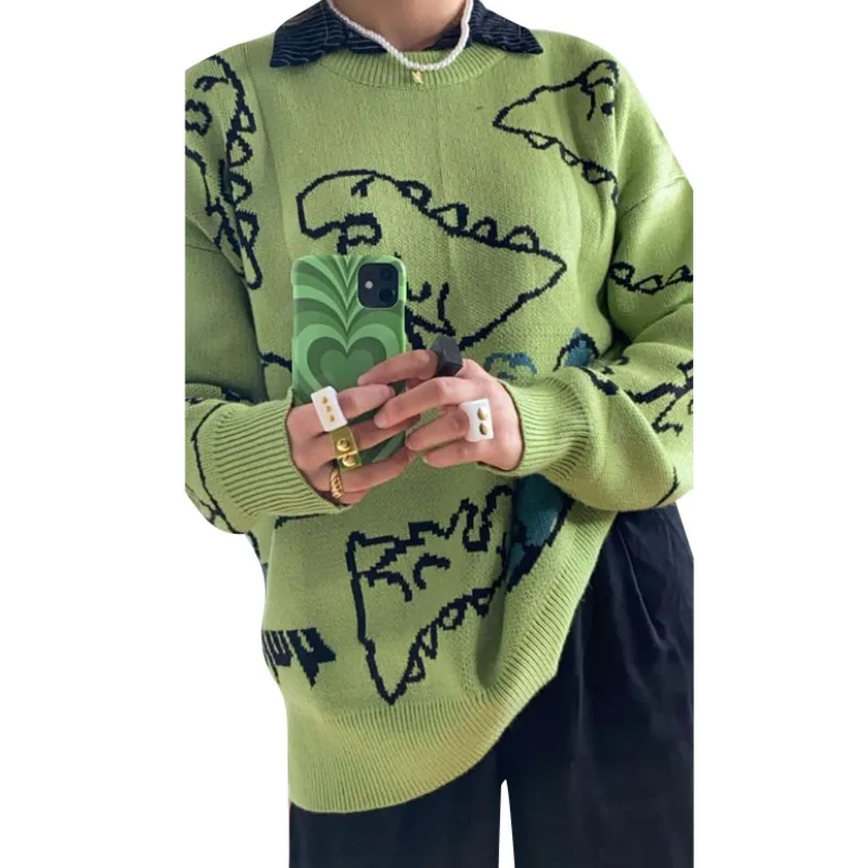 Женские вязаные свитера с принтом динозавров пуловер женская одежда сезон