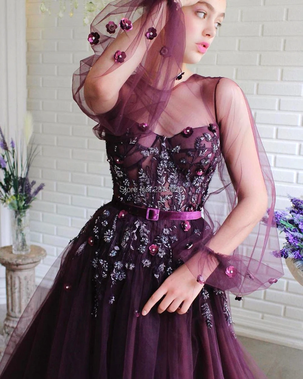 Мусульманские фиолетовые Вечерние платья а силуэта с круглым вырезом длиной до