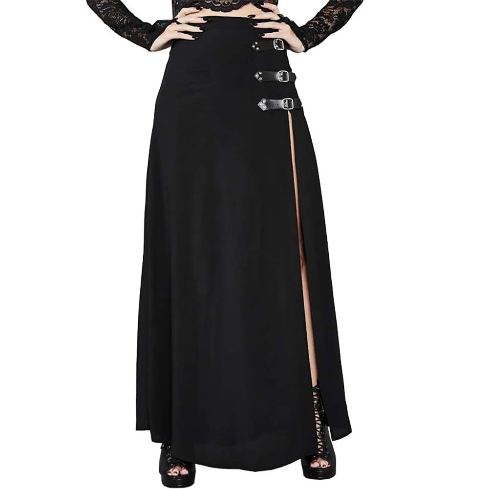 

Gothic Women Solid Color Long Side Slit High Waist Ankle Length Skirt Streetwear Casual Women Skirts