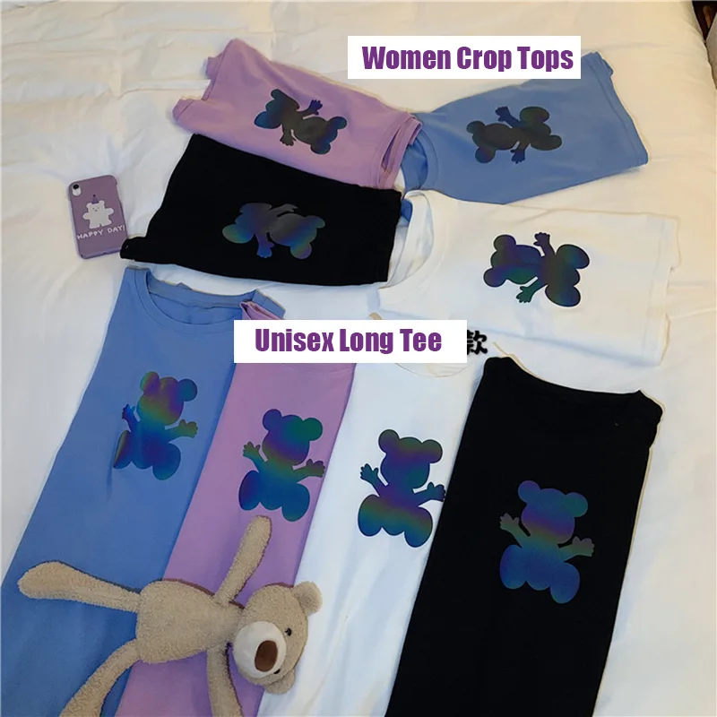 Summer 2020 Flash Reflective TShirt Clothing Bear Print Women Crop-Top Loose Long Tee Unisex T-shirt Couple Sets Oversize Outfit | Женская