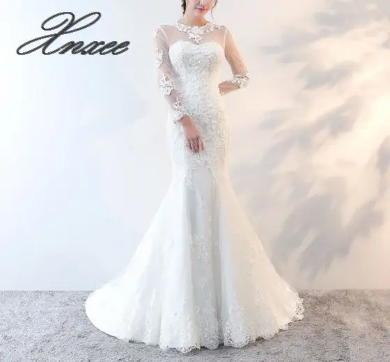 

Xnxee O-neck Long Sleeve Mermaid Dress 2020 See Through White with Lace Vestido de novia