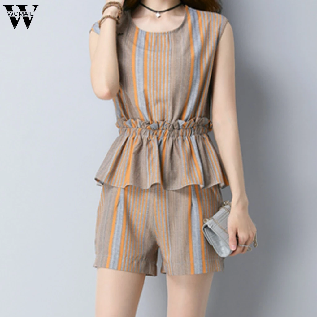 

Womail Women Sexy Club Suit Sets Cotton And Linen Loose O-Neck Sleeveless Striped Tops All Season Womne Suit Sets M-2XL