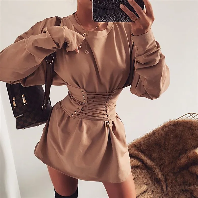 Элегантное женское платье с поясом Свободные повседневные женские платья