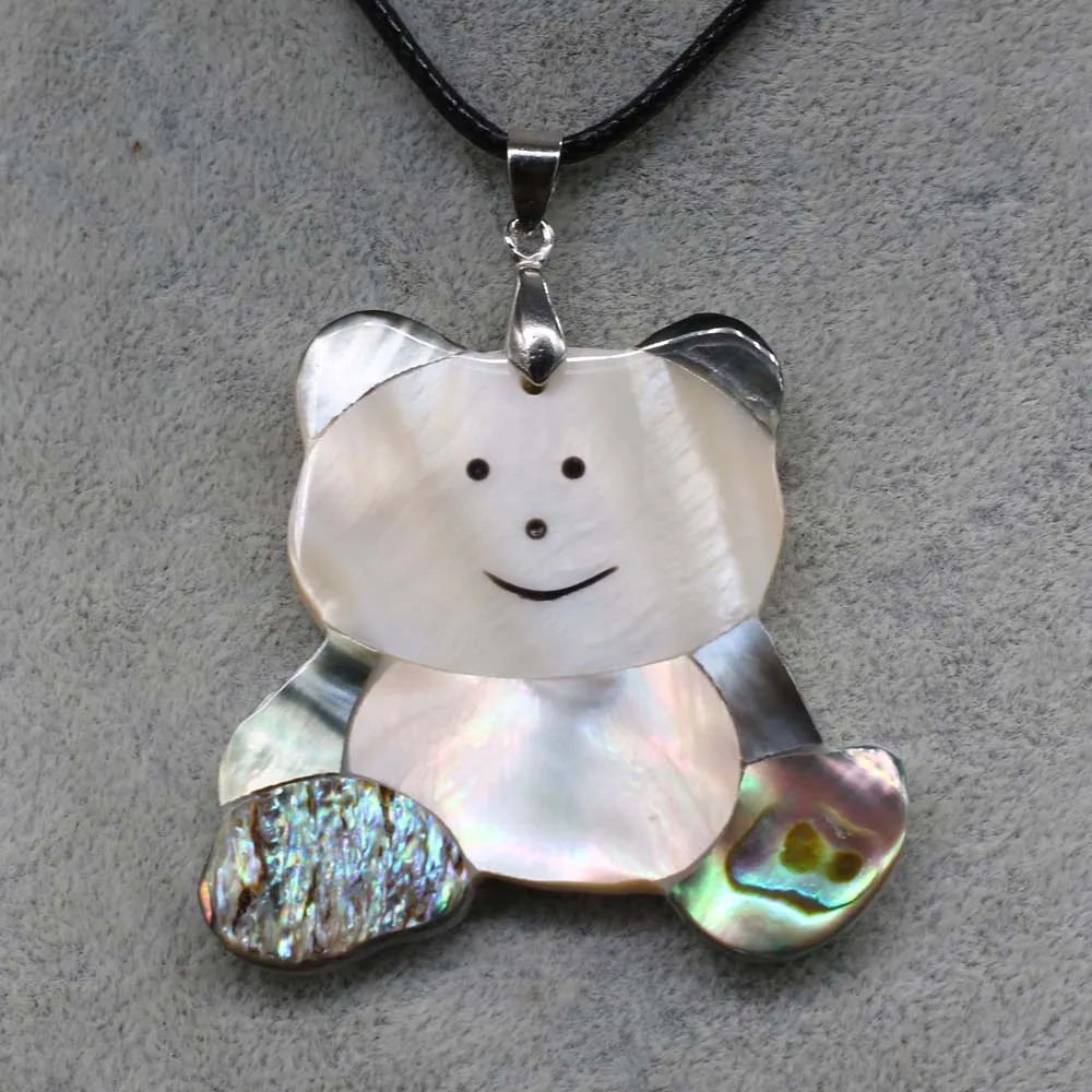 

Natural Small Bear Colored Shell Pendant Necklace Cute Animal Leather Rope Jewelry DIY Charms Necklace for Women Men Gift
