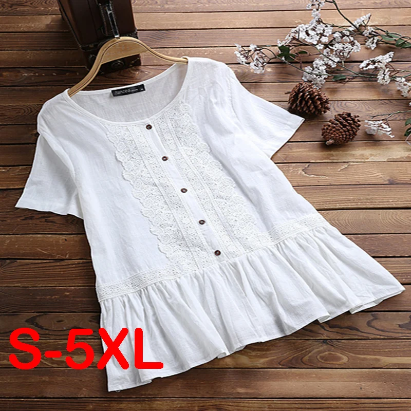 

Women Summer Solid Color Cotton Linen Blouses Ruffles Blouse Female Tops Clothing Loose Elegant Button Lace Blouse Tops S-5XL