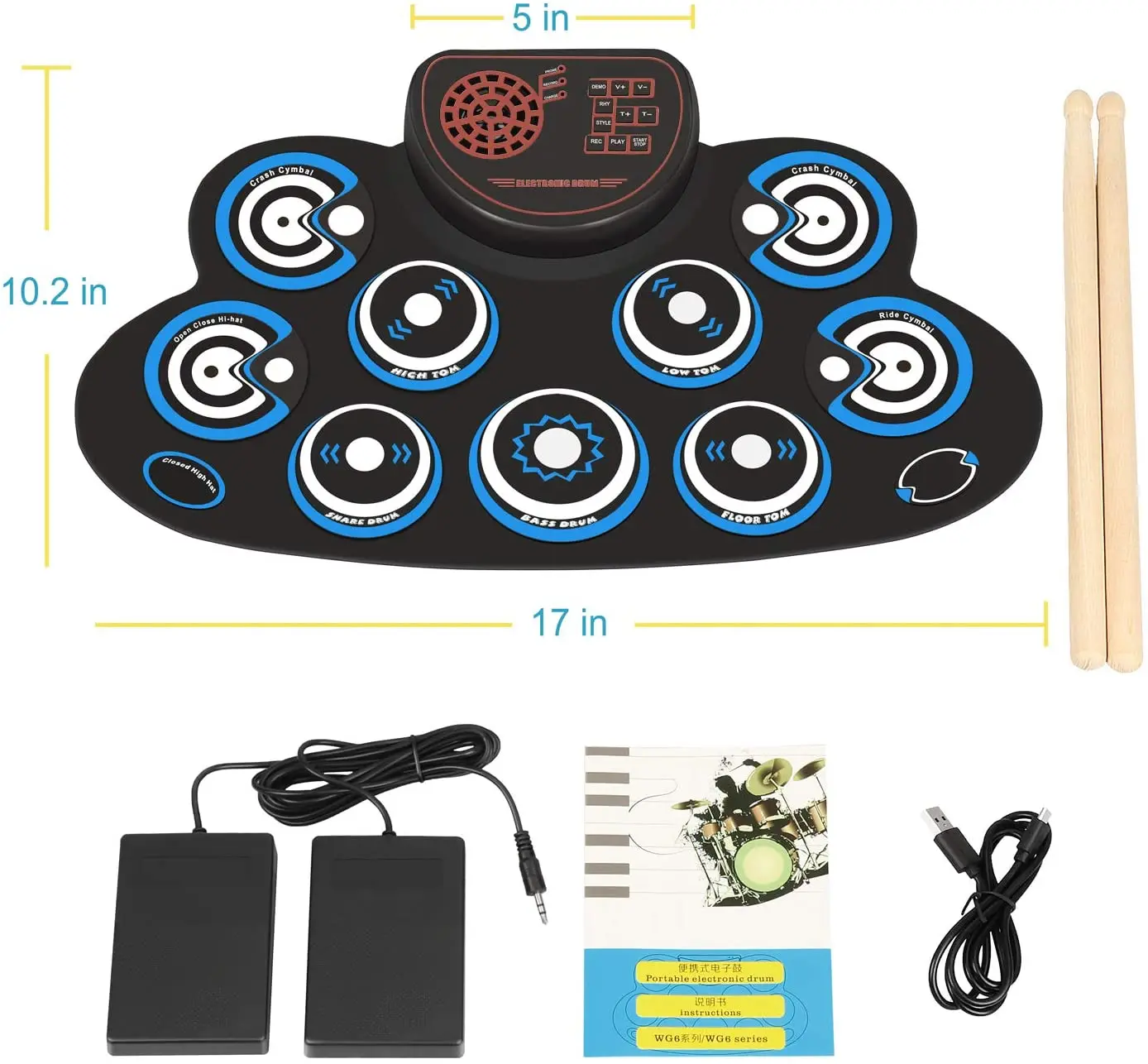 Compact Size USB Roll-Up Silicon Drum Set Digital Electronic Drum Sets Kit 9 Drum Pads with Drumsticks Foot Pedals enlarge