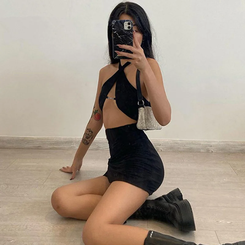 

Woman Dress y2k Gothic Mini Dresses Sexy Deep V Neck e girl Streetwear Halter Black New Trendy 2021 90s Vintage Christmas Party