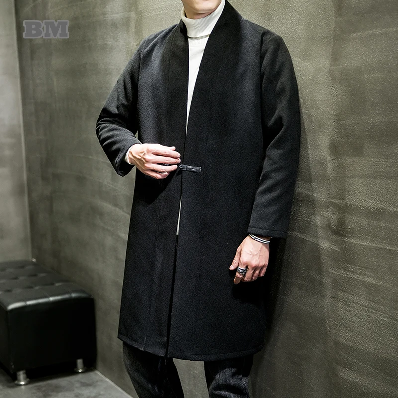 

Осенне-зимнее модное длинное шерстяное пальто в китайском стиле, черное ретро-пальто большого размера, повседневная мужская куртка 2021, своб...