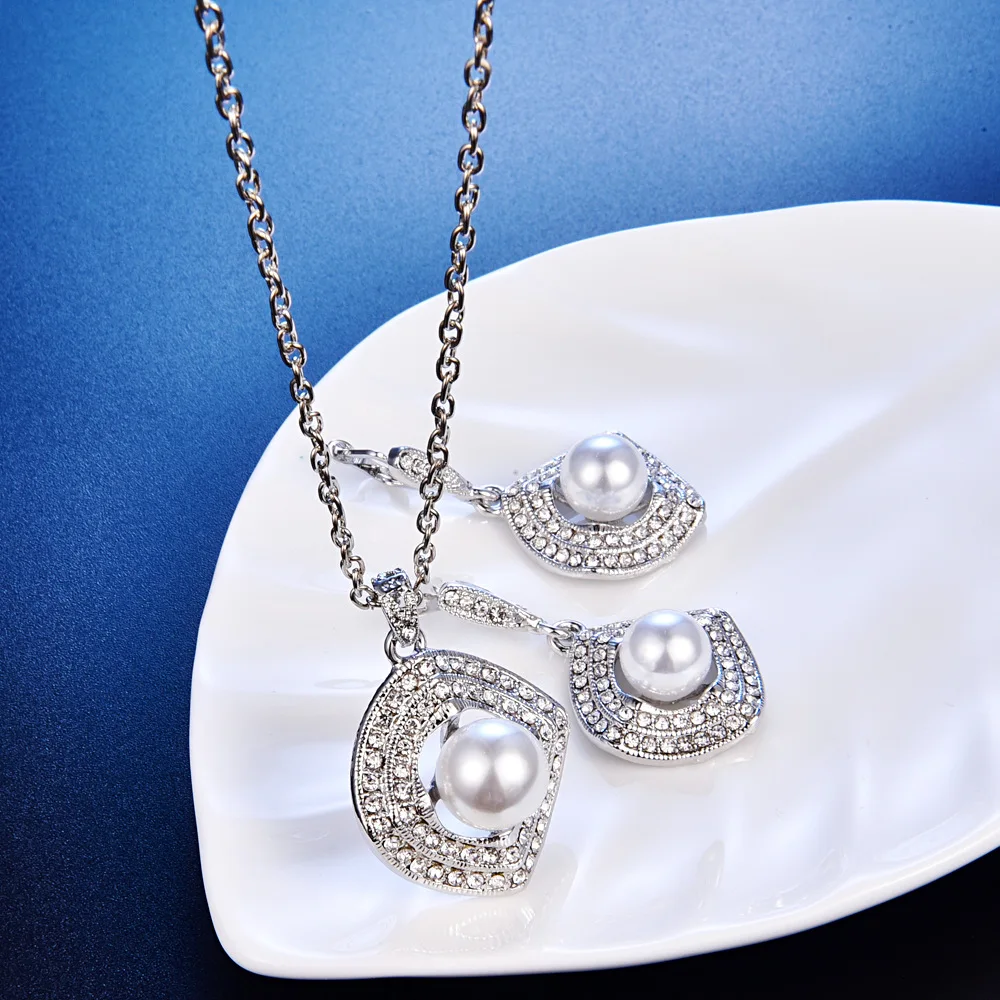 TSHOU187 Свадебный квадратный жемчужный комплект ожерелье серьги кольцо из трех
