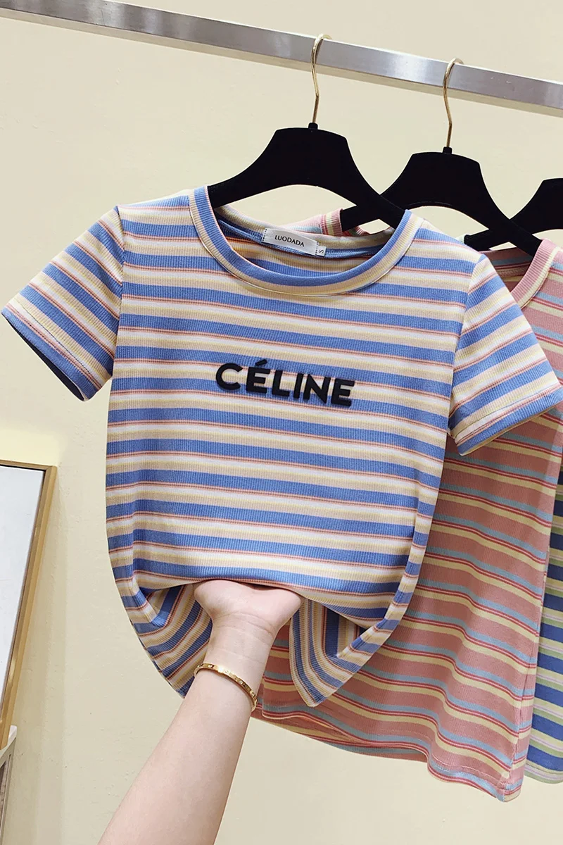 

Houthion Loose Women's T-shirt Stripe Cotton Summer T Shirt O-Neck Blended Regular New Casual Fashion Short Sleeve Tops