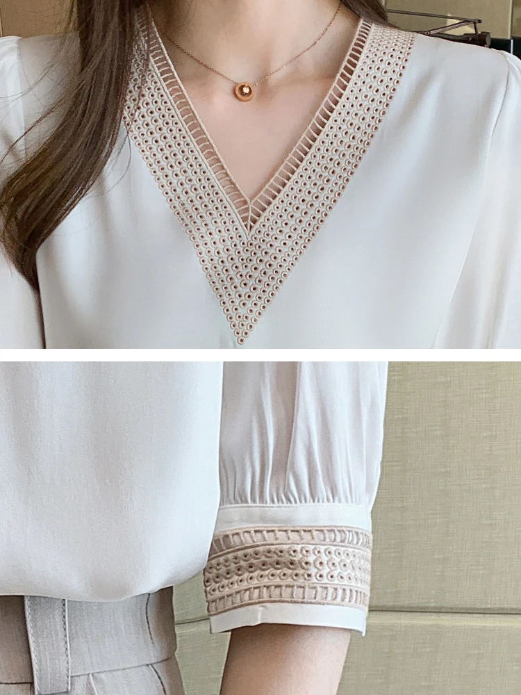 

Women Shirts Blouses Femme White Blouse Tops Women Blusas Mujer De Moda 2021 Verano V-Neck Chiffon Blouse Shirt Tops Blusas E608