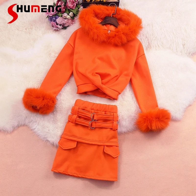 

2021 Winter Women's New Thickened Plus Velvet Pullover Fur Collar Short Hood Sweatshirt + Short Skirt Slimming 2-piece Suit