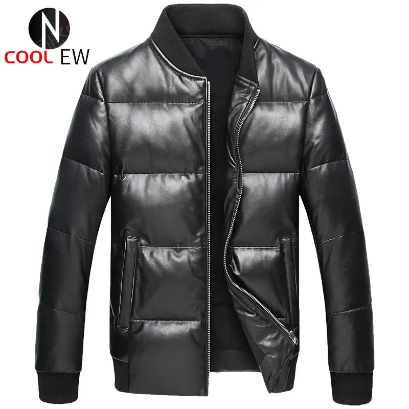 

Winter Thick 100% Real Leather Jacket Men Stand Collar Casual Sheepskin Down Coat Street Warm Black Bomber Jacket Plus Size 6XL