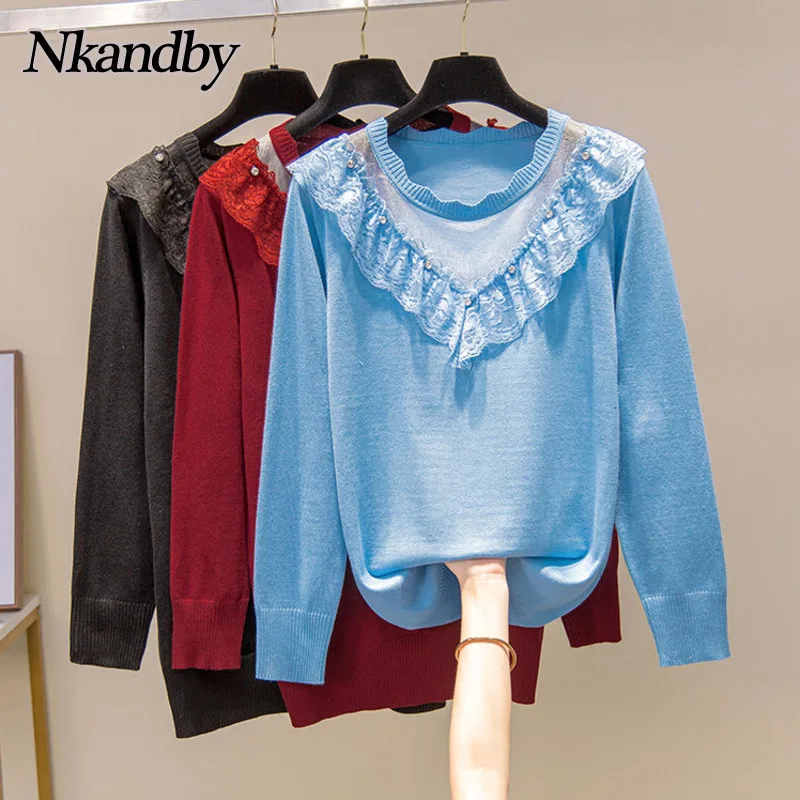 

Пуловер женский Nkandby, с кружевными оборками, круглым вырезом, осенний, Повседневный, с сеткой, с бриллиантами, в стиле пэчворк, большого разме...