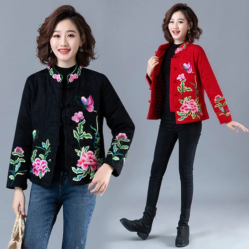 

Embroidered Womens Jackets And Coats Thick Coat And Jacket Women Vintage Outerwears Turtleneck Chaqueta Mujer Coat Female