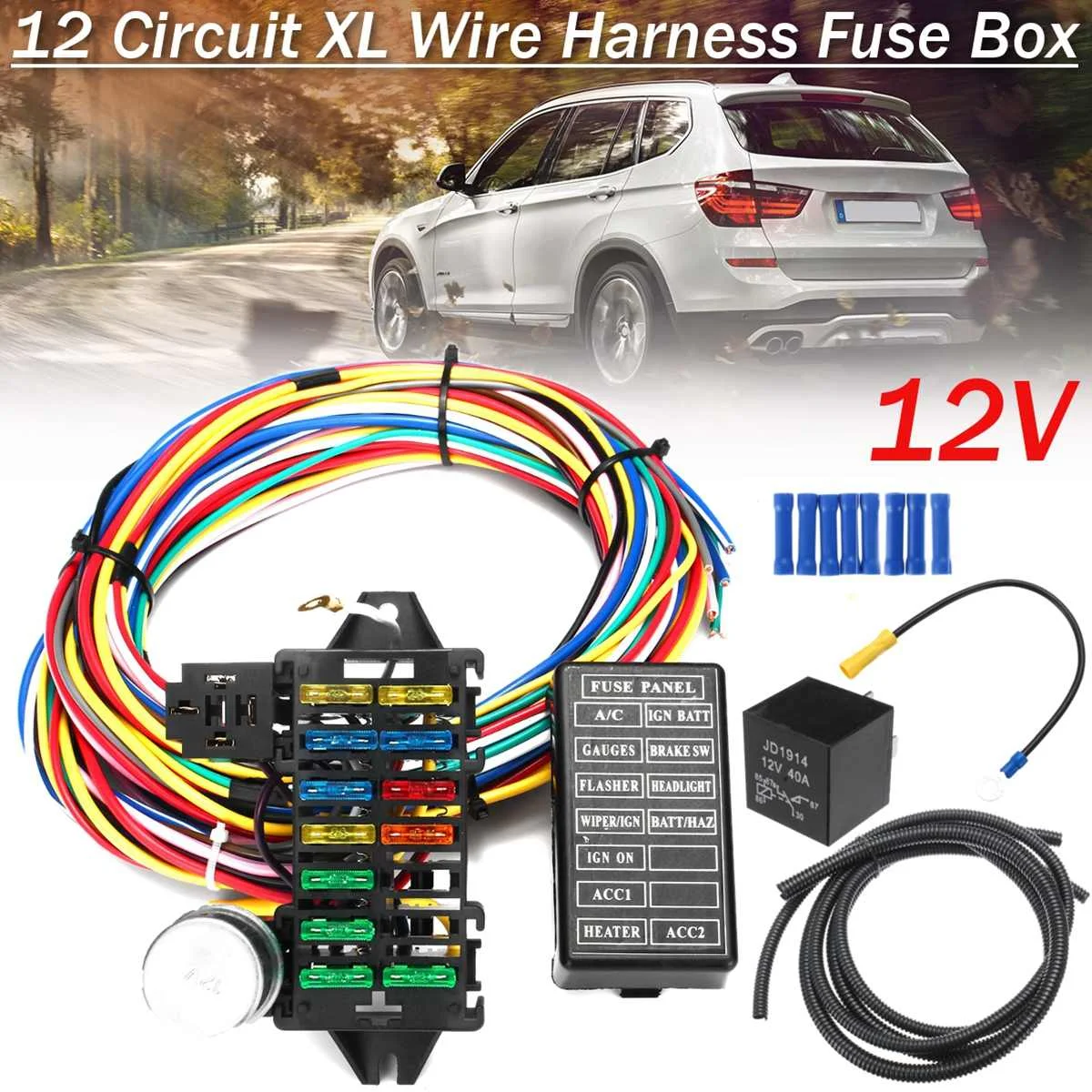 

12 Circuit Universal Wiring Harness 14 Fuse 12V Muscle Car Hot Rod for Street Rod XL Wires