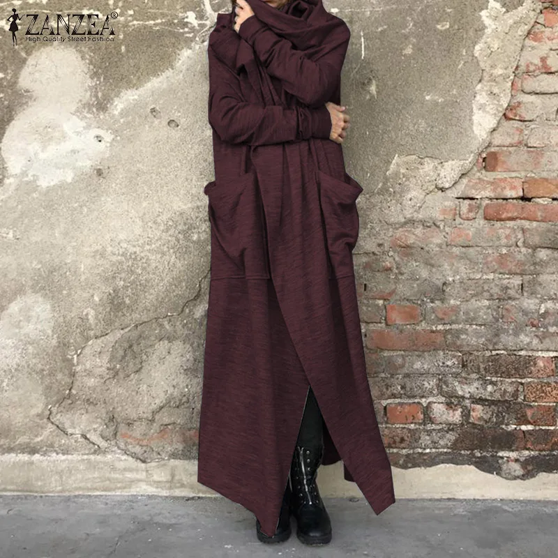 ZANZEA/Винтажные женские куртки с капюшоном и длинными рукавами; осенний однотонный кардиган; женские свободные длинные пальто; Повседневная Верхняя одежда; Robe Femme
