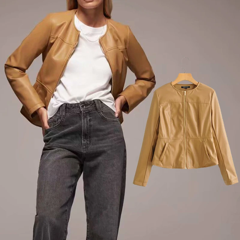

za 2020 new Fashion Autumn Winter PU Coat Women Jacket O neck Cropped Jackets Overcoat Single Breasted zipper Slim Outwear
