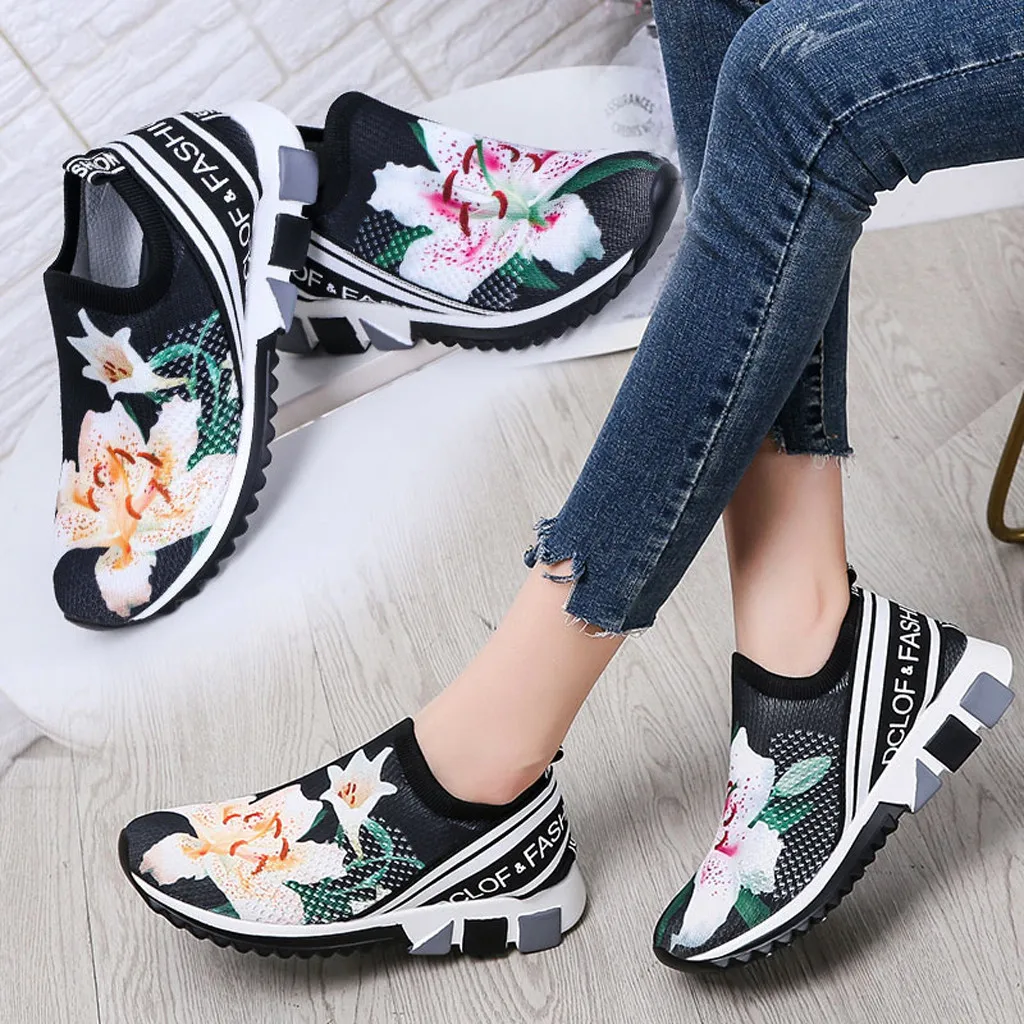 Модная женская брендовая обувь на плоской подошве Женские кроссовки в цветочном