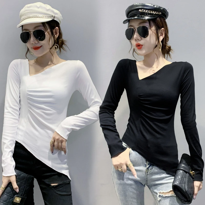 

Autumn Winter Long Sleeve V-neck Running T-Shirts for Women 2021 New Arrival Black White Irregular Hem Casual Fitness Cloth