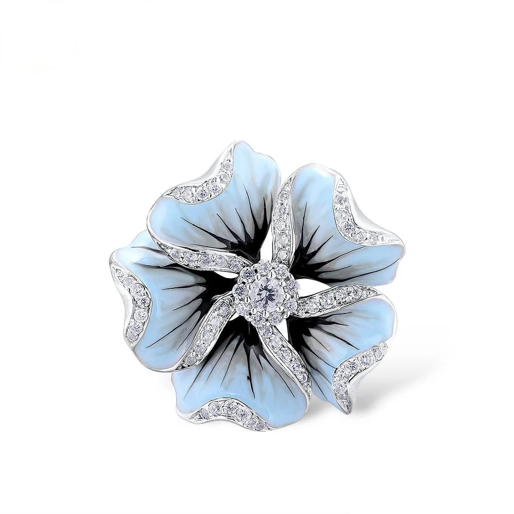 Cute Silver Color Blue Epoxy Flower Rings with Zircon Stone for Women Wedding Engagement Ring Fashion Jewelry 2020 | Украшения и