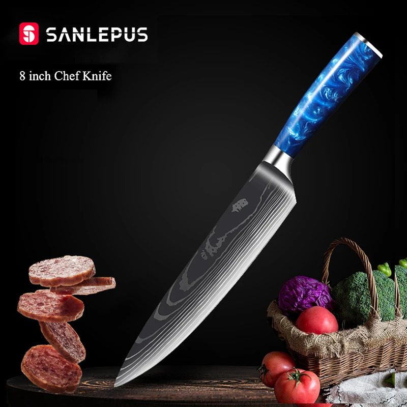 

SANLEPUS 8" inch Kitchen Chef Knives Classic Pattern Japanese Stainless Steel Sanding Laser Pattern Vegetable Santoku Knife