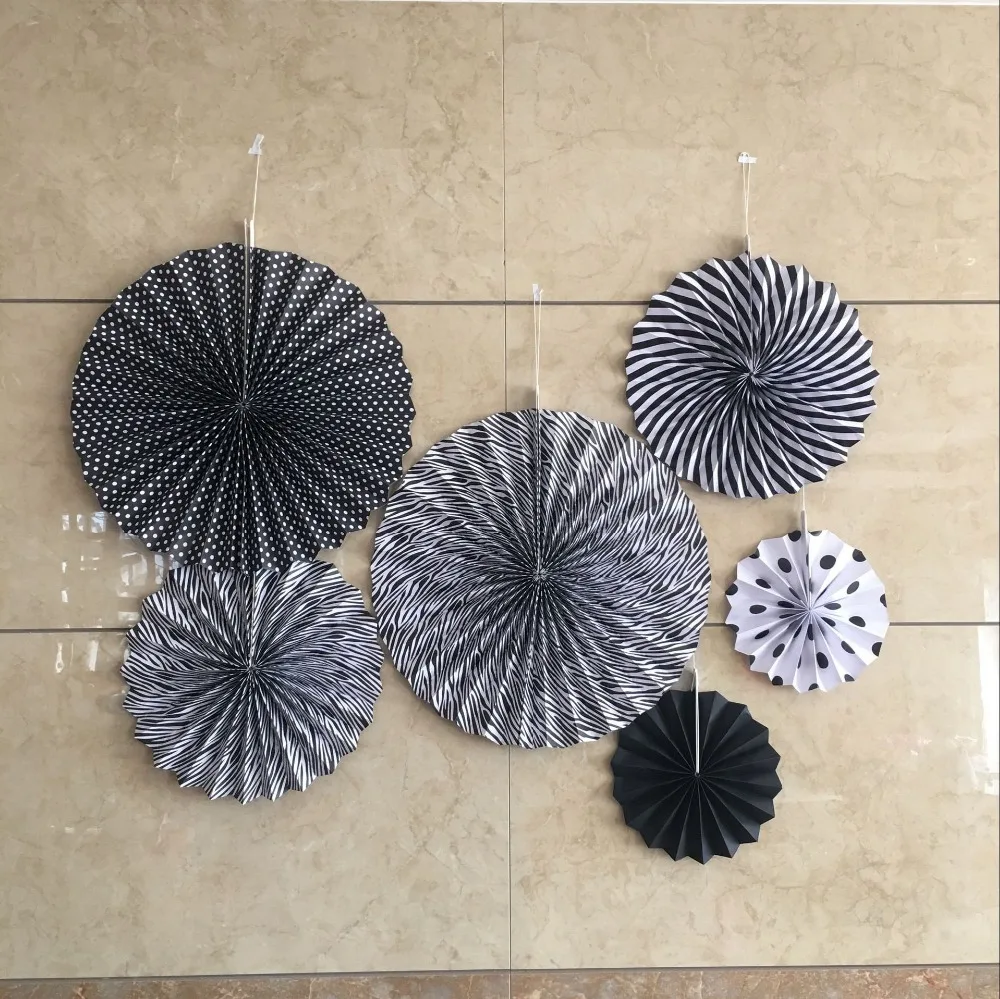 

12 Pcs Paper Fans Paper Rosettes Black White Rainbow Pinwheels Tie Wedding Decor Bridal Shower Baby Shower Smash Cake Backdrop