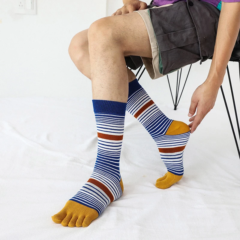 

Men'S Tube Socks Finger Sock Colorful Stripe Mid-Calf Toe Socks Thicken Five Toe Sock Absorbs Sweat Cotton Socks For Running