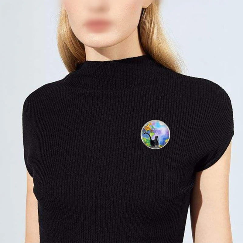 Акварельная Луна Кошка на заказ фото стеклянный конусообразные Броши день