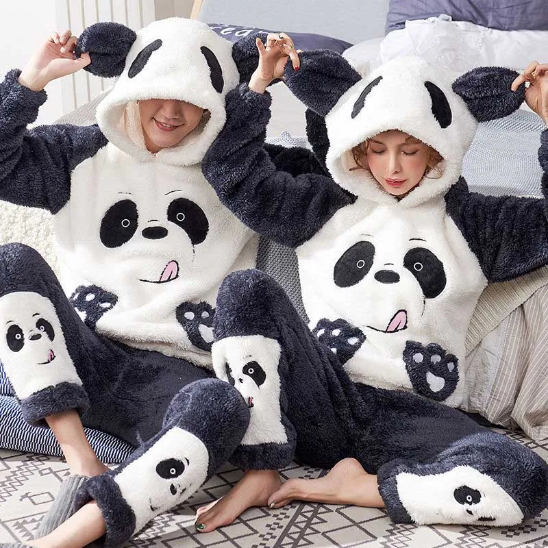

Unisex Adult Couple Women's Pajamas Winter Velvet Sleepwear Thickening Warm Flannel Pyjamas Set Animal Cute Cartoon Home Service