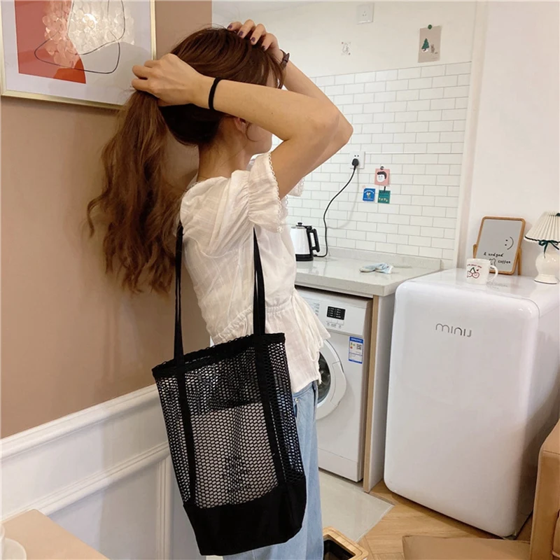 

Fashion Casual Beach Bag Canvas Shoulder Bags Mesh Net Handbag Crossbody Bag Women's Messenger Tote Bag