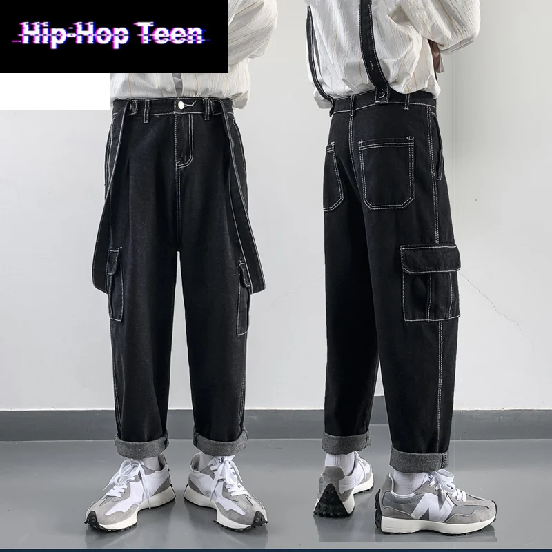 

Mens Casual Moto Biker PantsNew Japanese Streetwear Denim Bib Overalls for Men Suspender Pants Cargo Work Pants Trousers High
