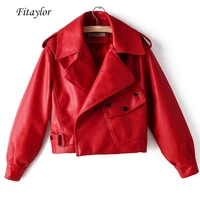 fitaylor new autumn women faux leather jacket pu motorcycle biker red coat turndown collar loose streetwear black punk outerwear