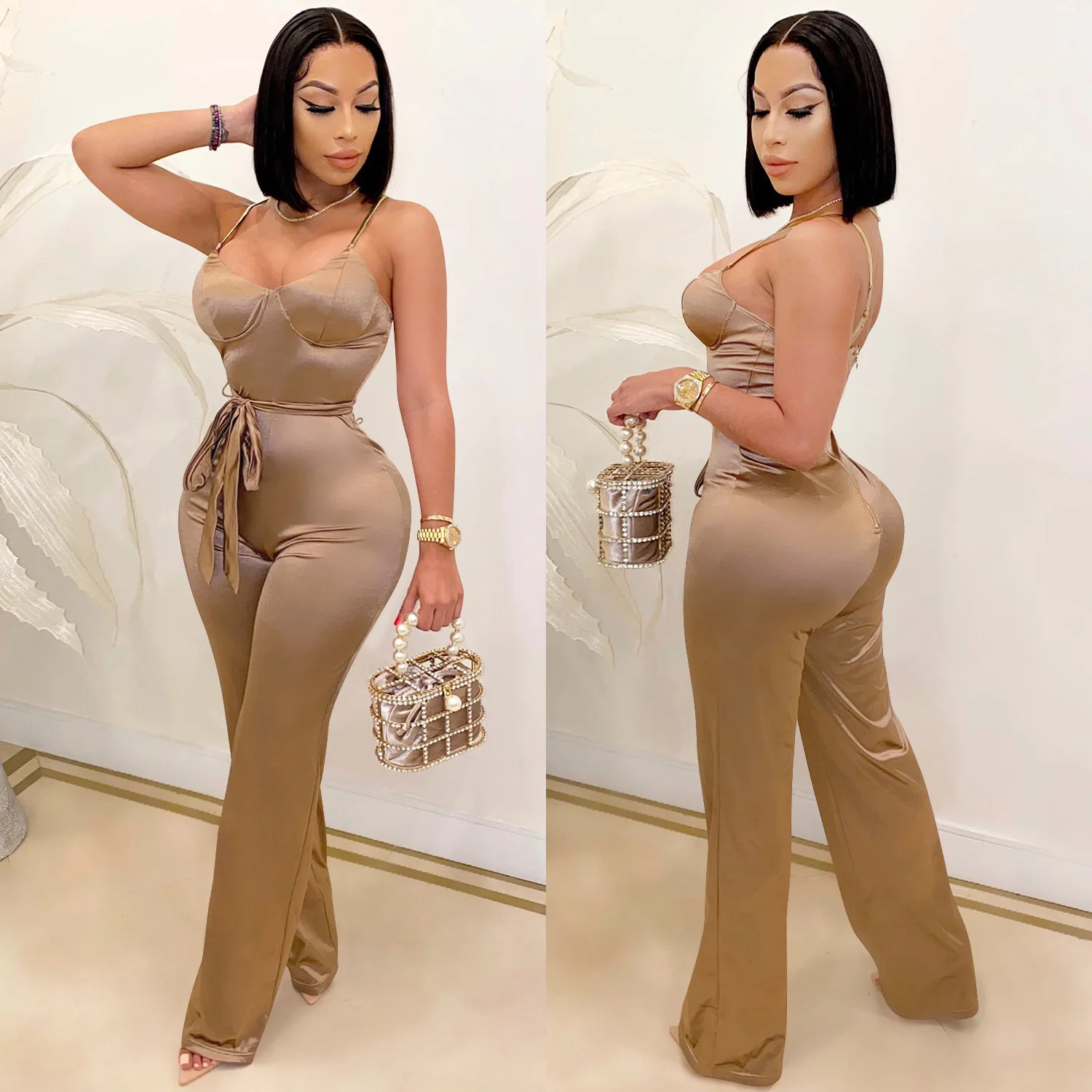 New Women Spaghetti Strap Sleeveless Straight Jumpsuit Women Sexy Club Open Back High Waist Rompers One Piece Overalls Plus Size