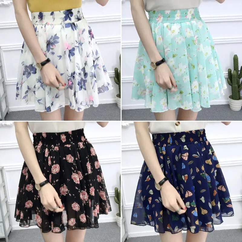 

Spring and summer 2021 Korean Chiffon Mini fresh skirt pants floral short skirt high waist elastic thin safety pants