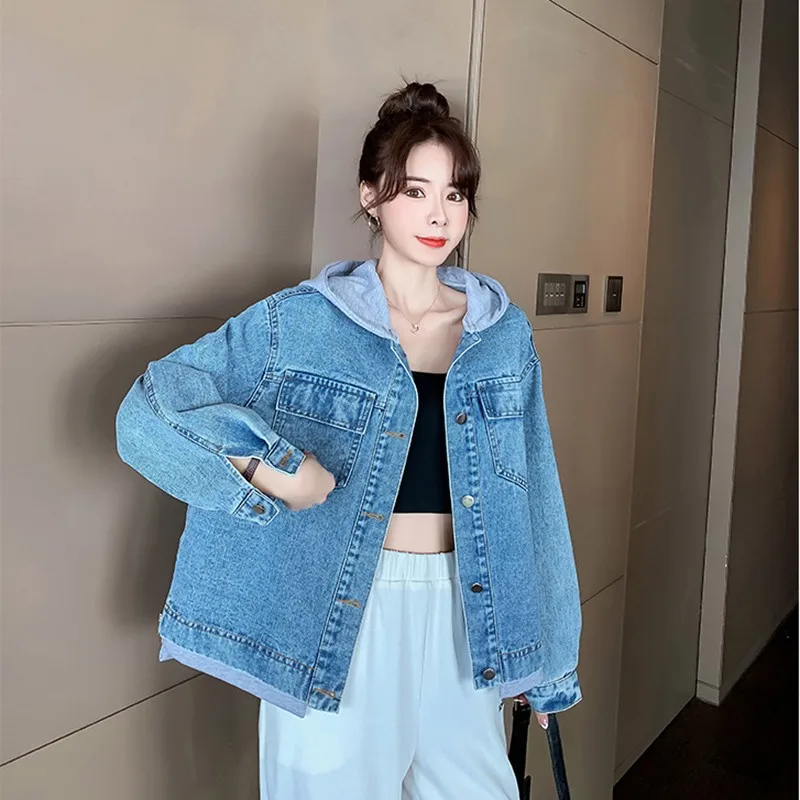 

Fashion Denim Jacket Women Colorblock Coat Letter Embroidery Outerwear Stylish Loose Hoodie Jean Jackets Fall Casual Female Coat